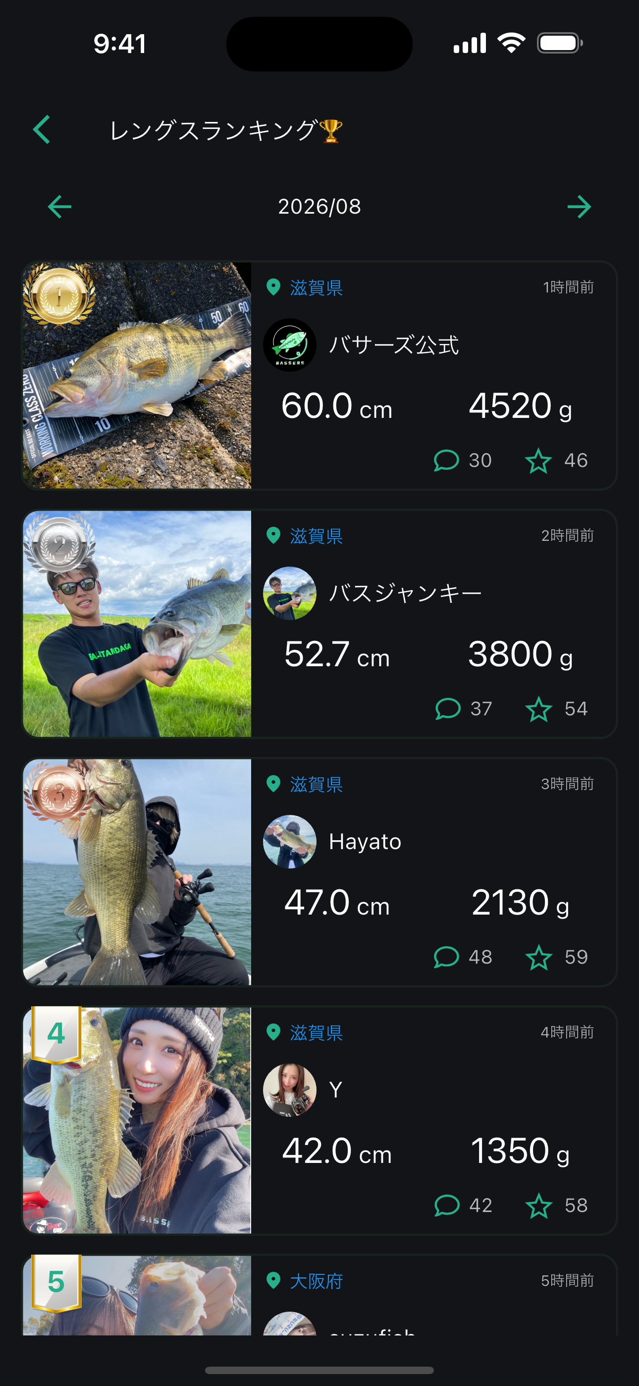 BASSERSアプリのサイズランキング画面